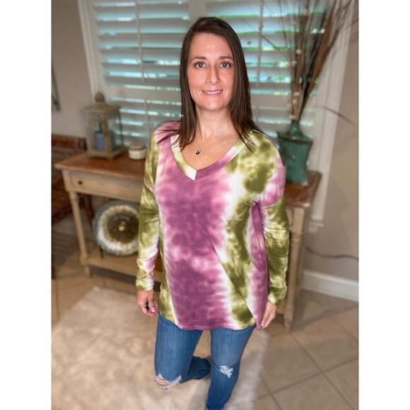 Tie Dye Drop Shoulder Long Sleeve V-Neck Split Side Multi 4520 - Picture 2 of 7